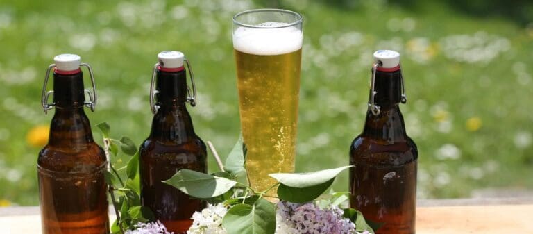 Botellas de cerveza y vaso lleno al aire libre