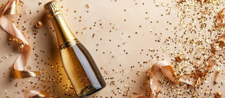 Botella de champán con confeti dorado