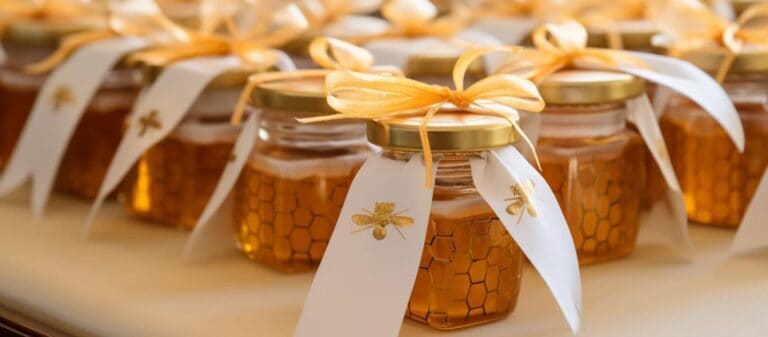 Tarros de miel con cintas doradas y etiquetas
