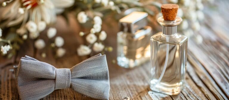 Frasco de perfume y pajarita sobre mesa de madera