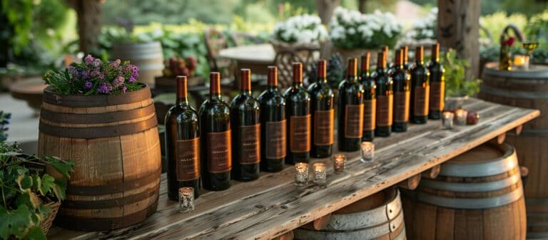 Botellas de vino en mesa de madera al aire libre