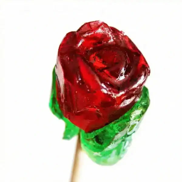 Rosa de caramelo rojo en palito con hojas verdes.