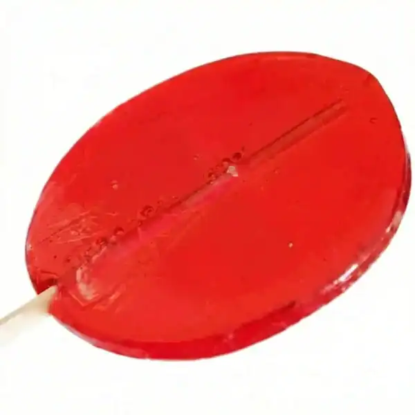 Lollipop rojo brillante en palito blanco.